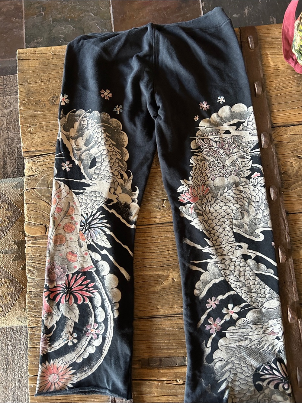 Asian inspired Black Floral Dragon Print sweatpants - Picture 2 of 9